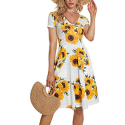 Damen Sommer V-Ausschnitt Kurzarm Taschen Print Kleid