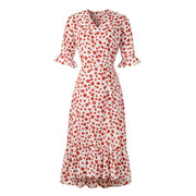 Damen V-Ausschnitt Chiffon Floral Ruffle Kurzärmeliges Kleid